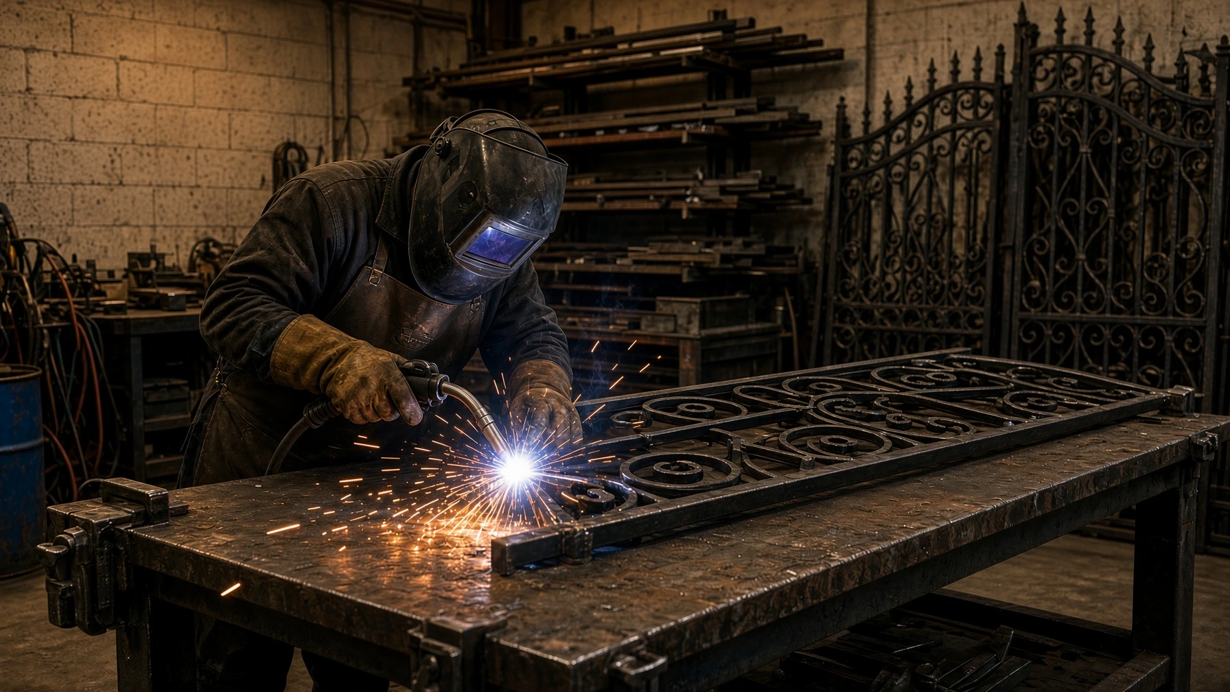 Welders fabricating custom ironwork inside the JR Ramirez Welding shop