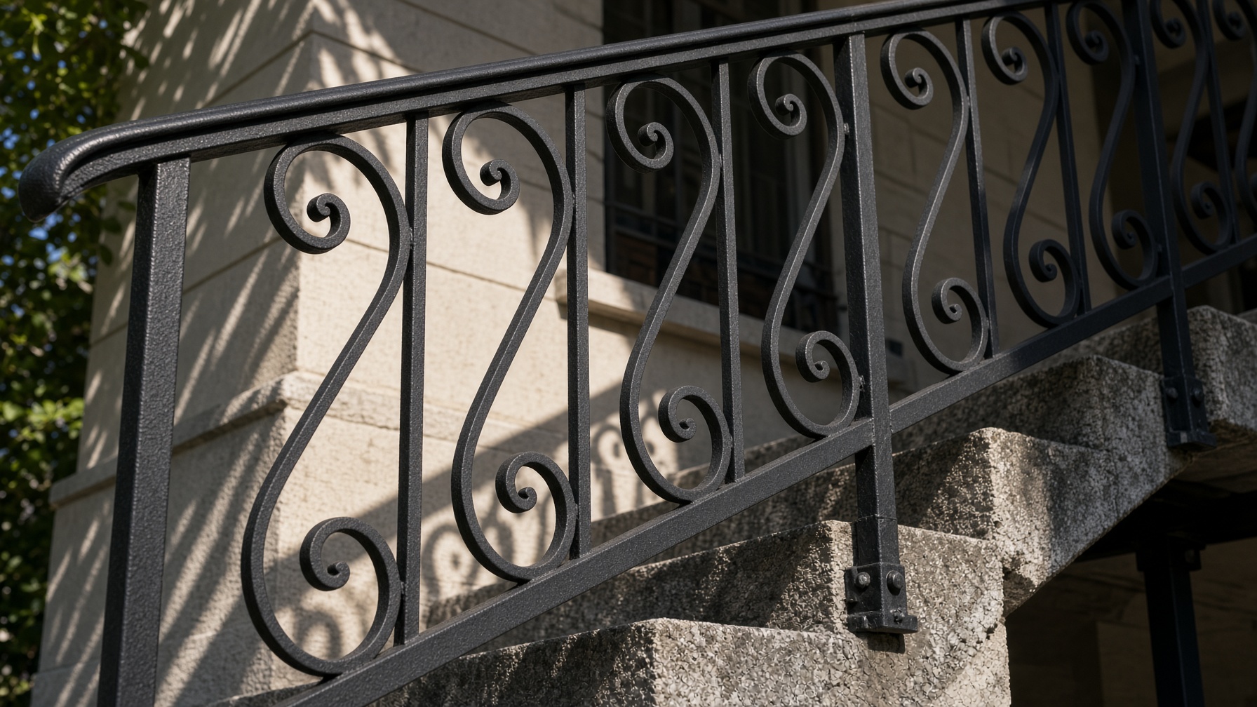Decorative wrought iron railing along a concrete staircase