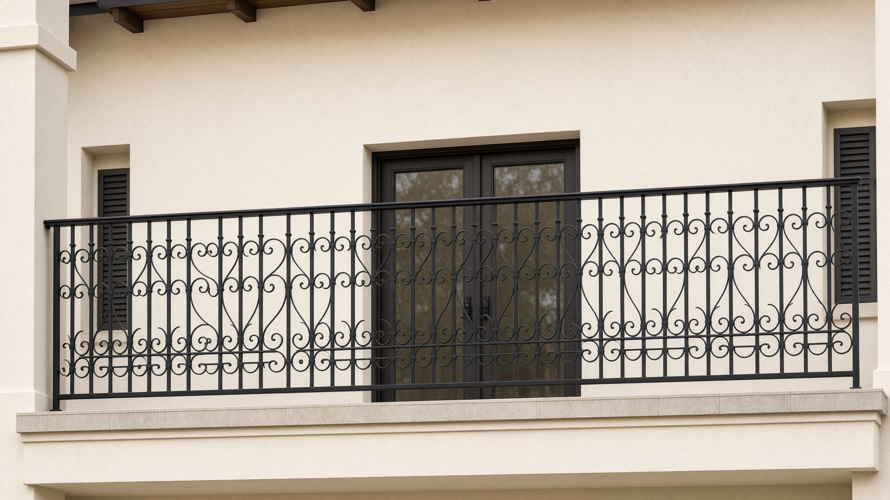 Black wrought iron balcony railing at a Southern California home