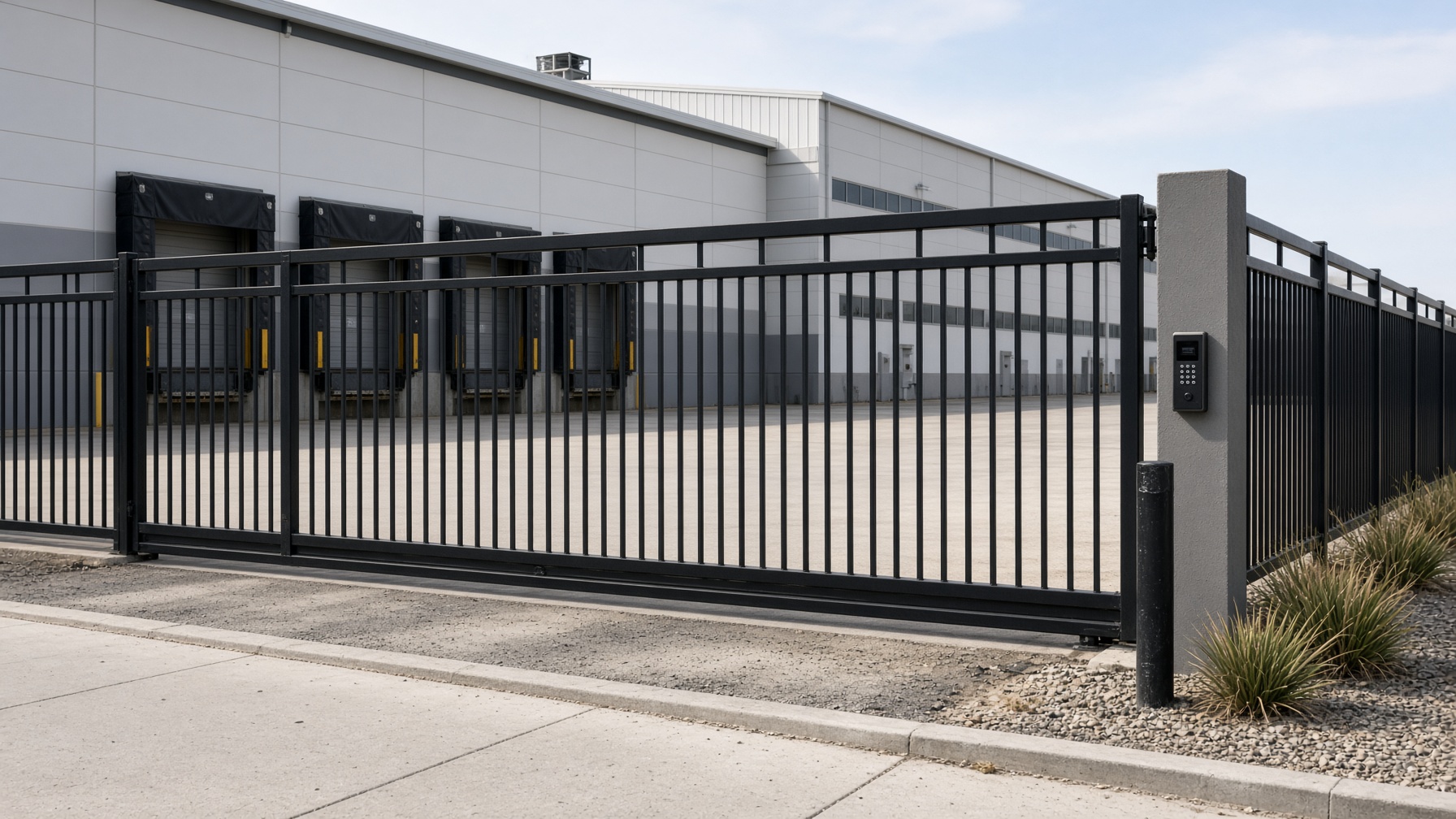 Black wrought iron warehouse fence in Southern California