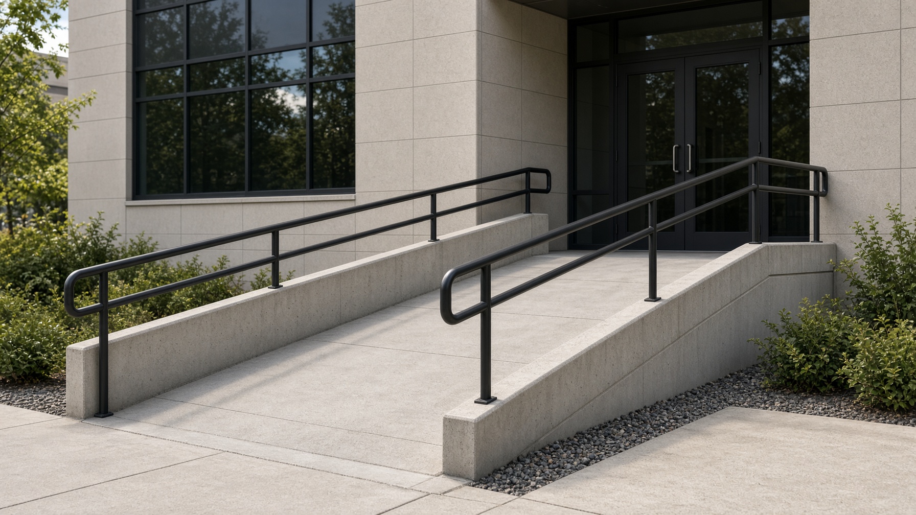 Black wrought iron ADA-guided ramp railing in Southern California