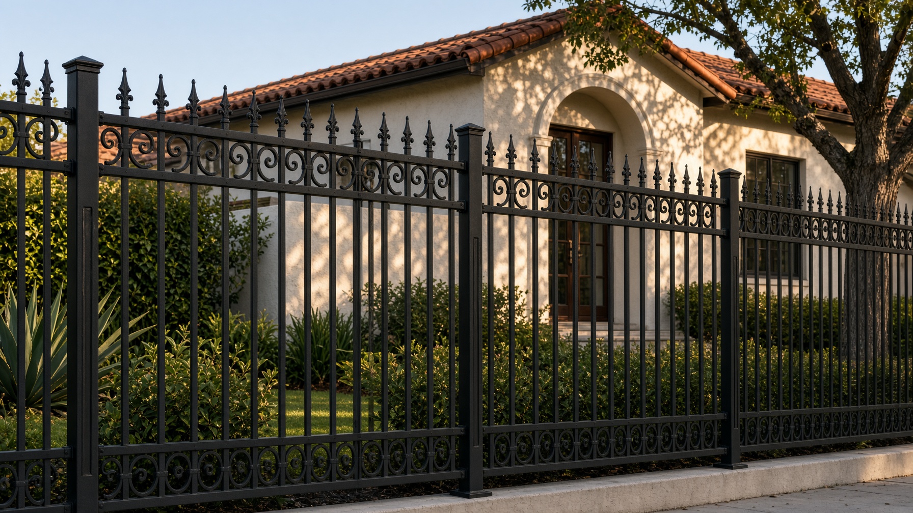 Black wrought iron side yard fence at a Southern California home
