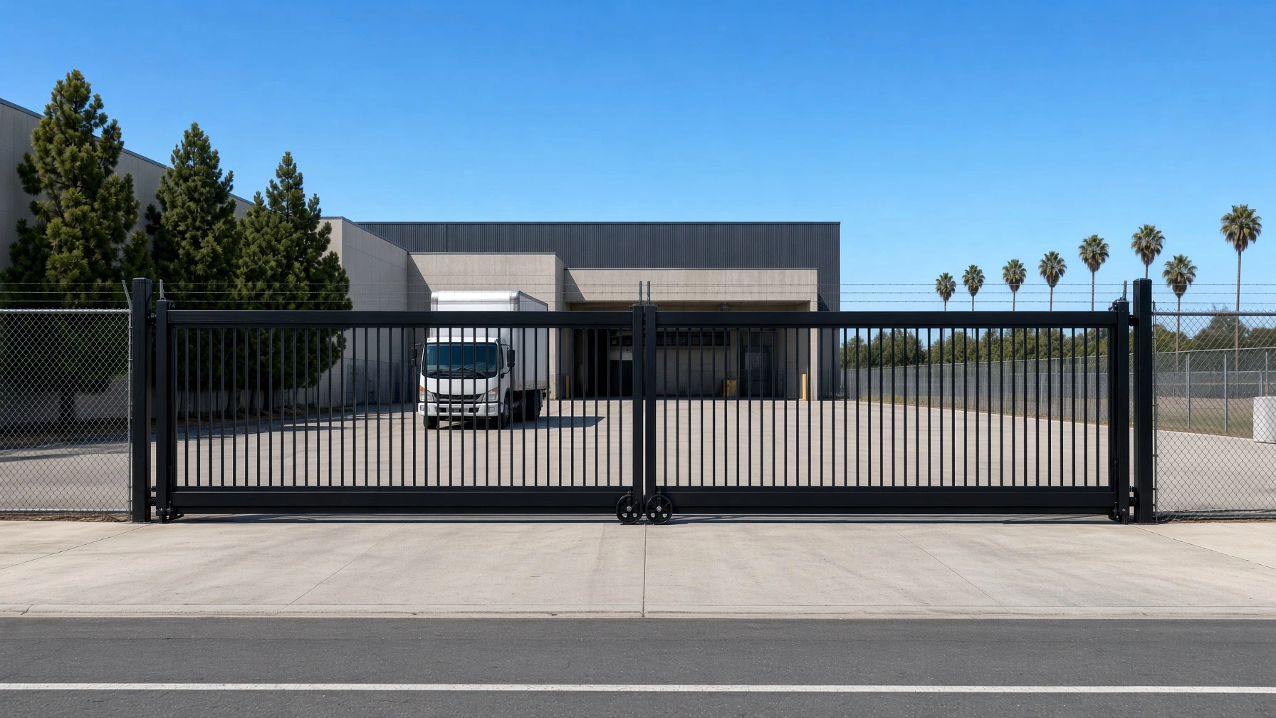 Black wrought iron commercial sliding gate in Southern California