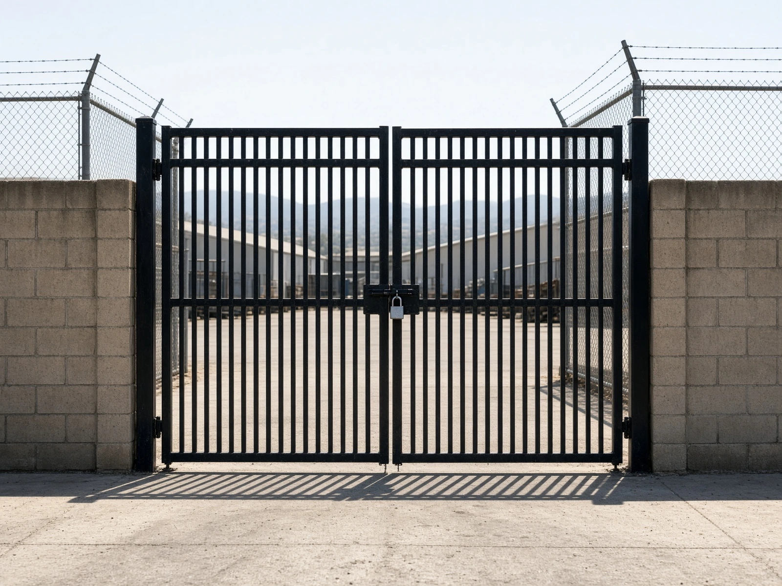 Black wrought iron secured commercial yard gate in Southern California
