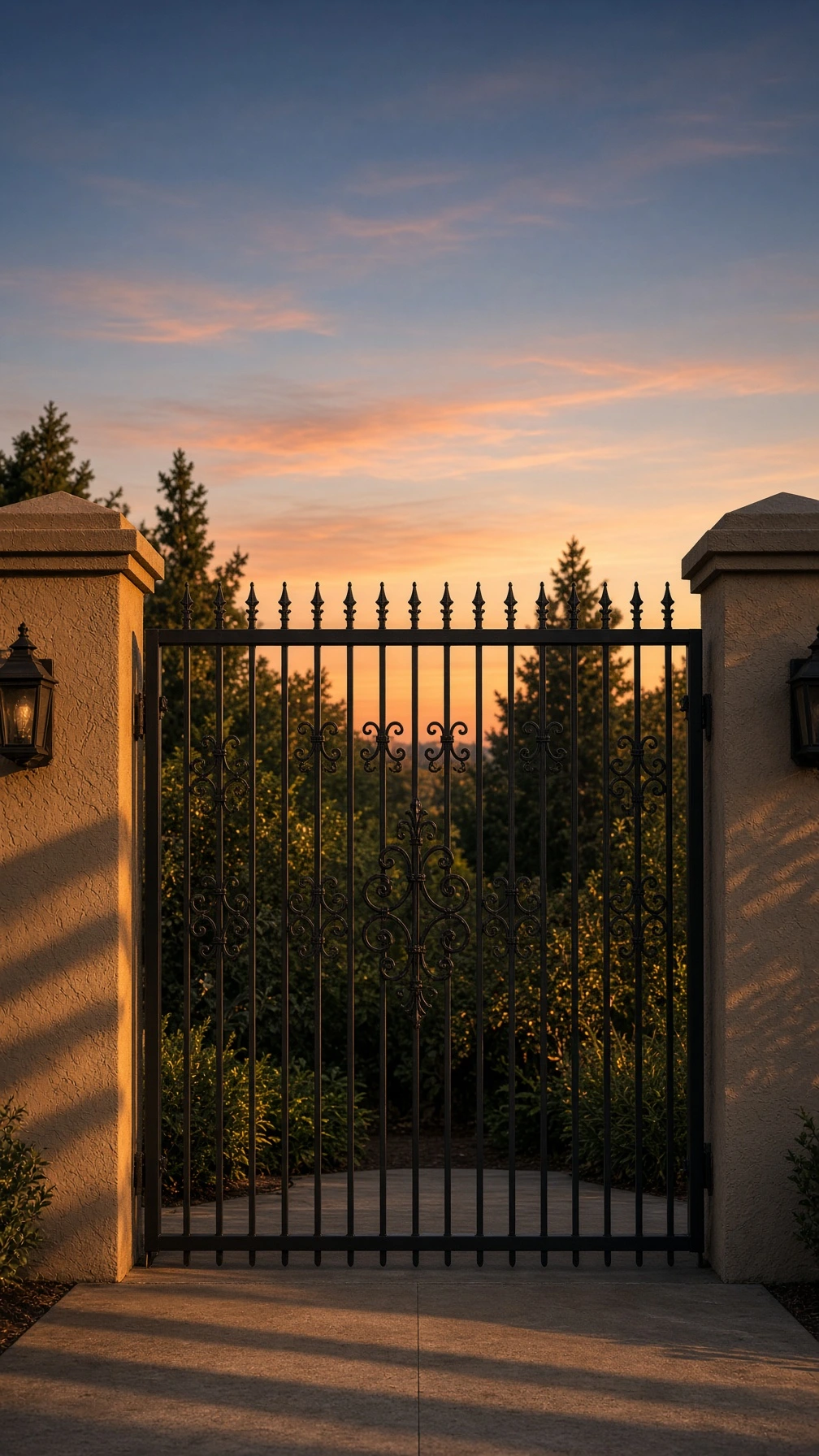 Black wrought iron driveway gate with decorative scrollwork