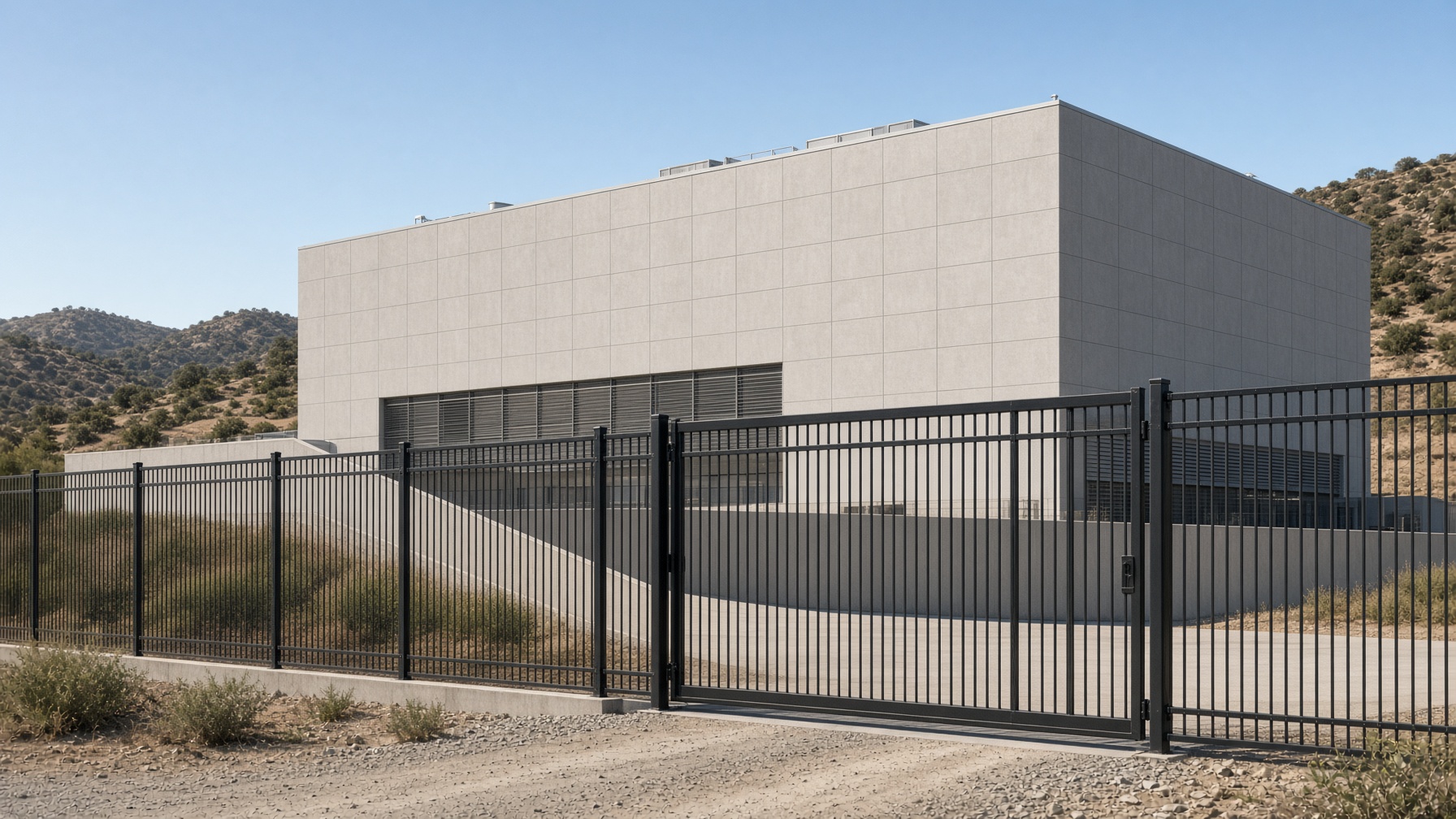 Black wrought iron data center gate in Southern California