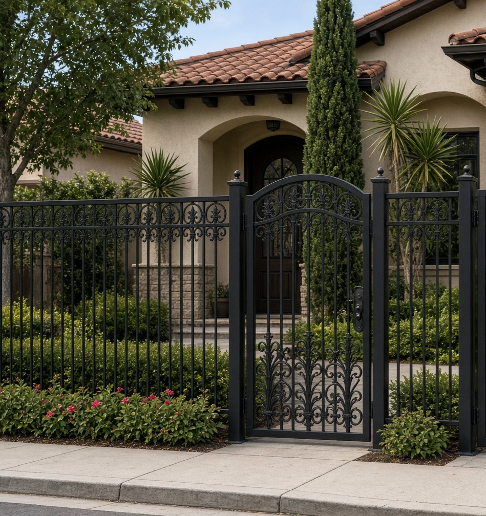 Black wrought iron sliding driveway gate at a Southern California home