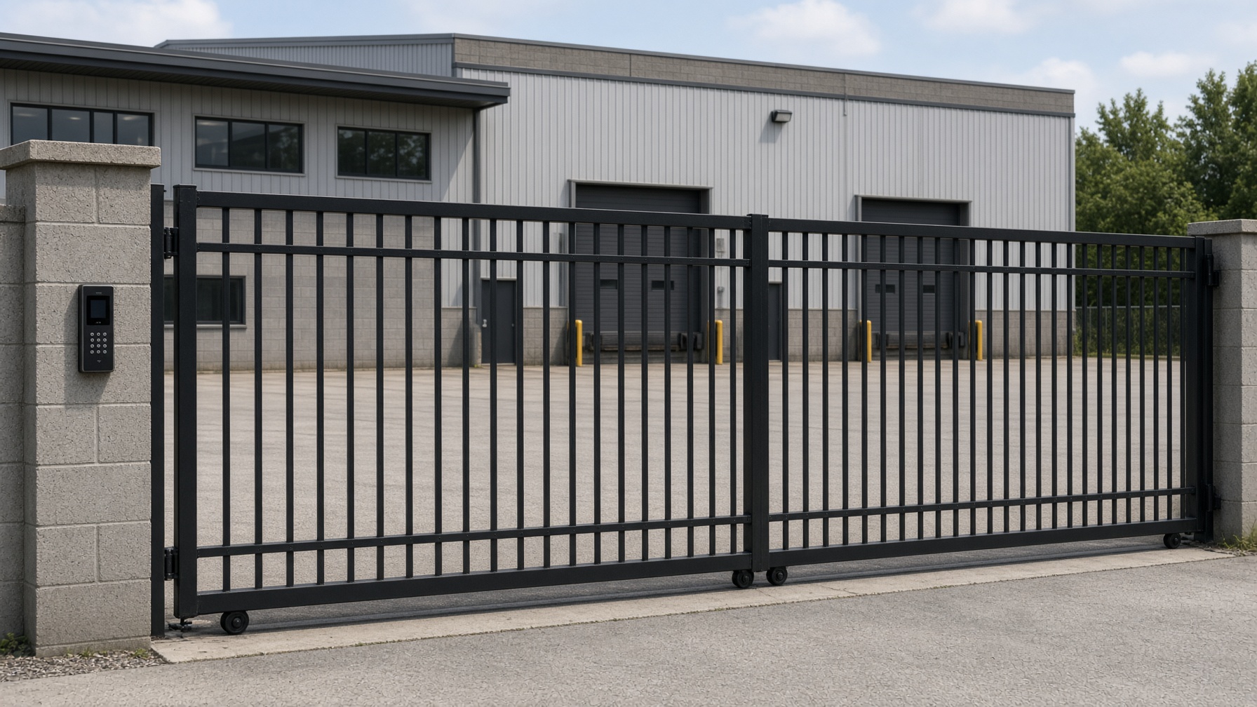Black wrought iron perimeter gate at a commercial site in Southern California
