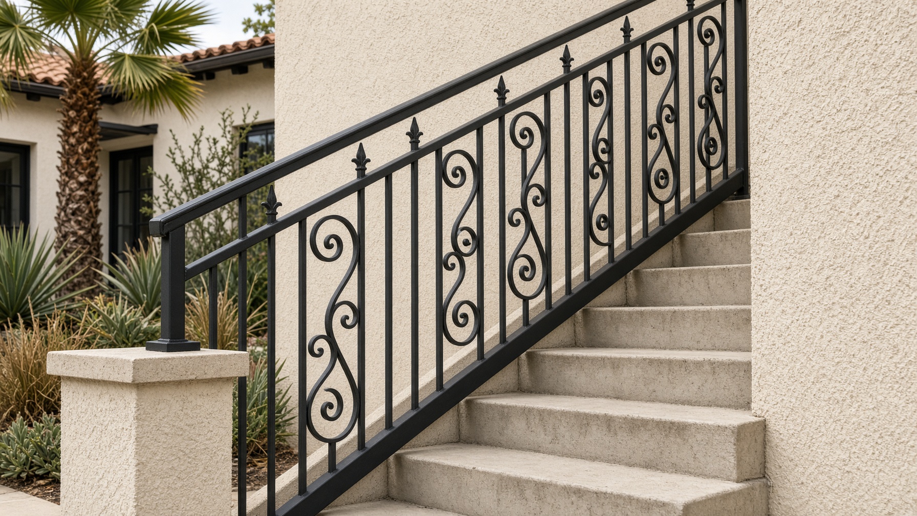 Black wrought iron railing at a Southern California home